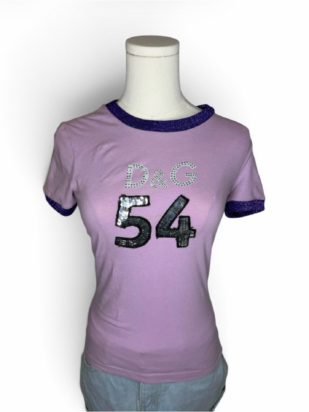 Dolce & Gabbana Lilac Sequin Logo Tee with Purple Trim
